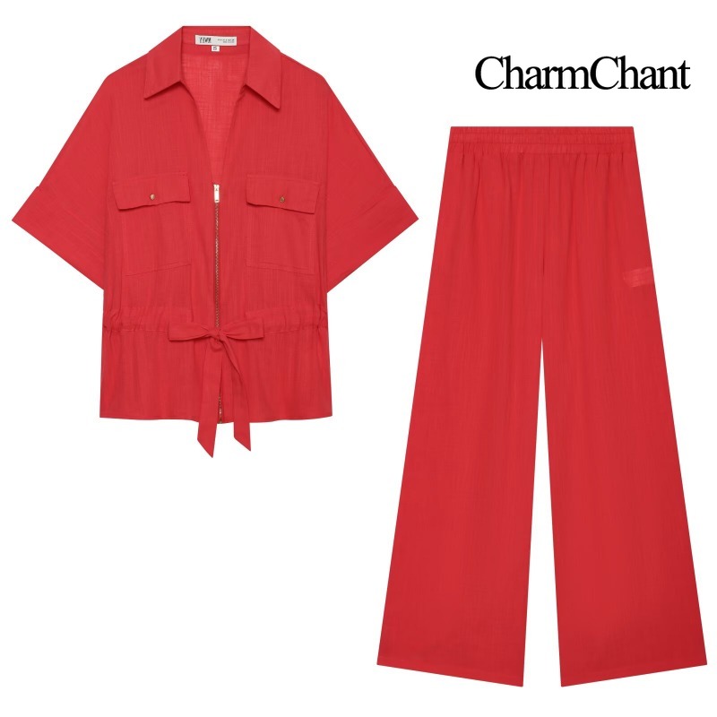 Short Linen Drawstring - CHARMCHANT レディース 無地リネン混紡 ツーピーススーツ ジッパーシャツ ドローストリング