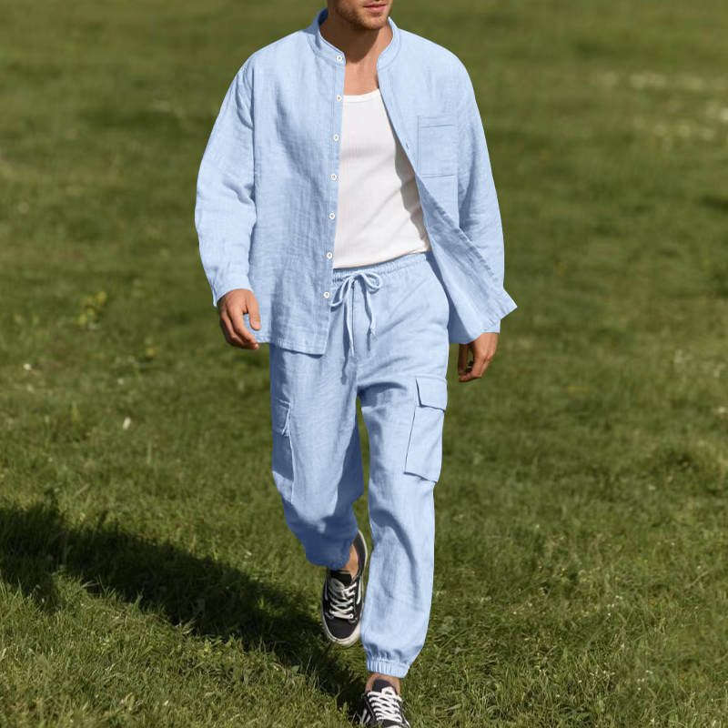 Linen Shirt Breathable - メンズリネン通気性ツーピースセット、スタンドカラー長袖シャツとワークパンツ、夏のビーチカジュアルウェア