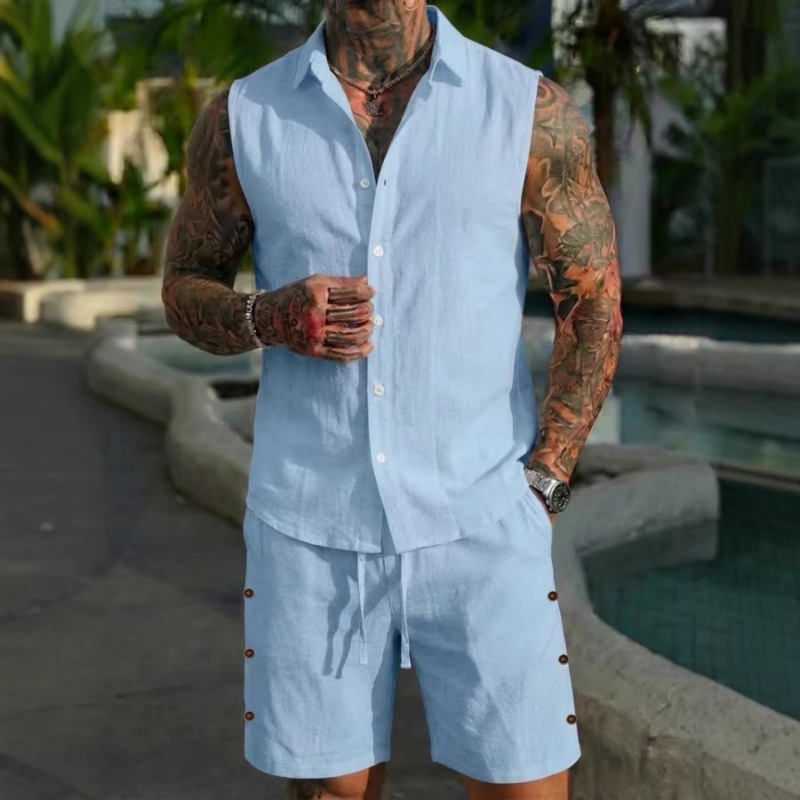 Short Linen Drawstring - メンズ2ピースリネン風ノースリーブショートセット、ボタンダウンシャツ、ドローストリングショーツ、カジュアルビーチウェア、サイドボタンディテール