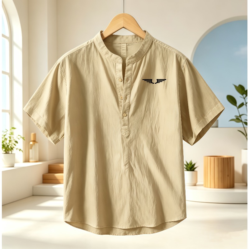 Linen Shirt Breathable - メンズ綿麻ヘンリーカラー半袖シャツ、柄プリント入り通気性カジュアルトップス、ゆったりとしたスタンドカラー軽量シャツ