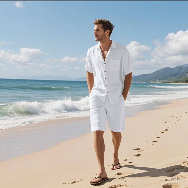 Linen Shirt Breathable - メンズリネンブレンドキャンプカラーシャツ＆ショーツセット、無地で通気性のあるカジュアルなツーピースアウトフィット、ビーチバケーションスーツ、夏用