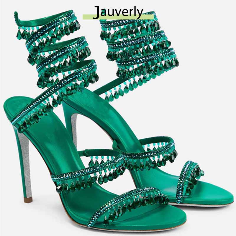 Casual Sandal Leather - 2026 女性のハイヒール新しいラインストーンサンダルファッションタッセルクリスタルシューズセクシーな宴会パーティー女性の大きなサンダルサイズ 34-46