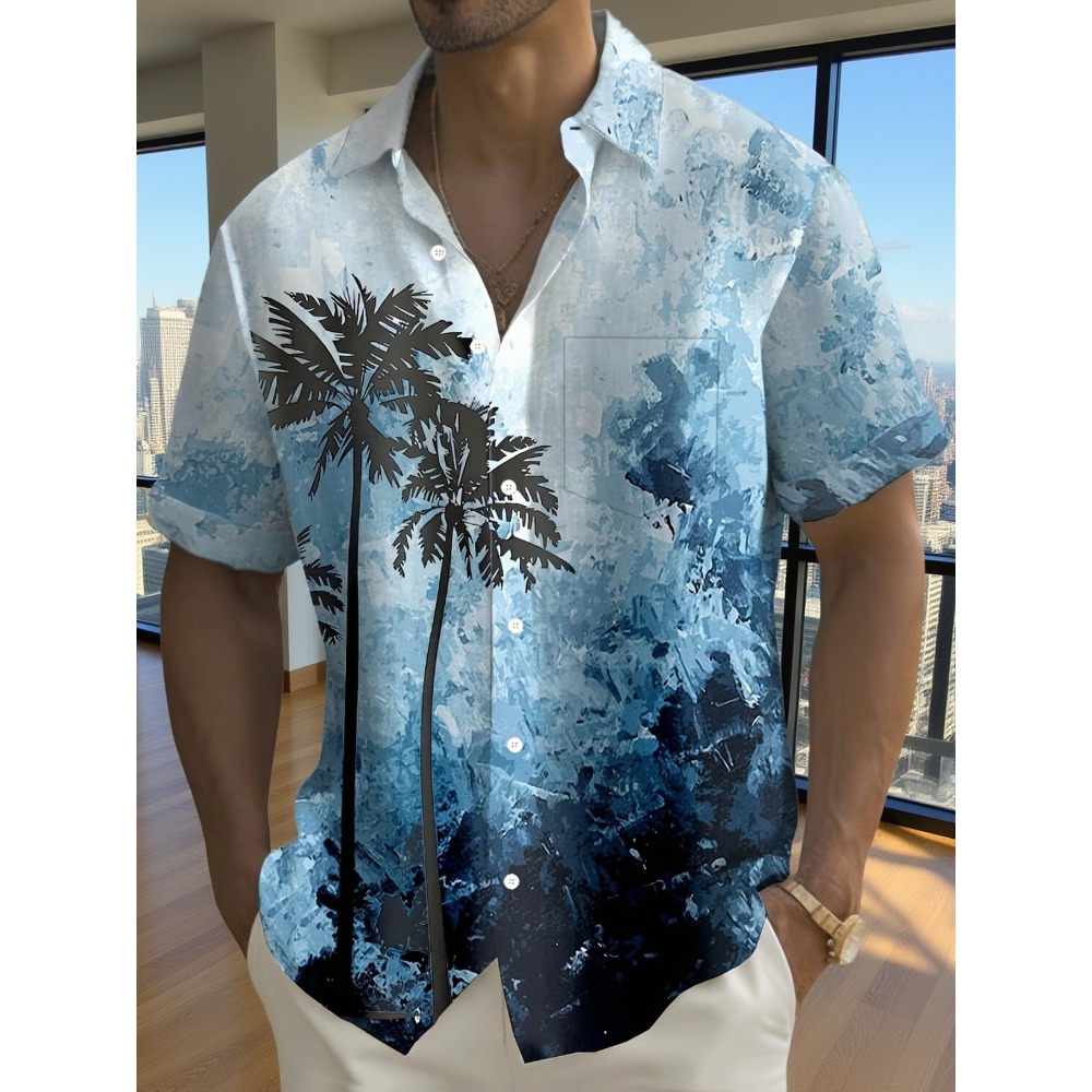 Resort Shirt Floral - ミニマルインクテクスチャラペルリゾートシャツ、多目的着用可能、モノクロスプラッシュブルーパームツリーシルエットアートプリント