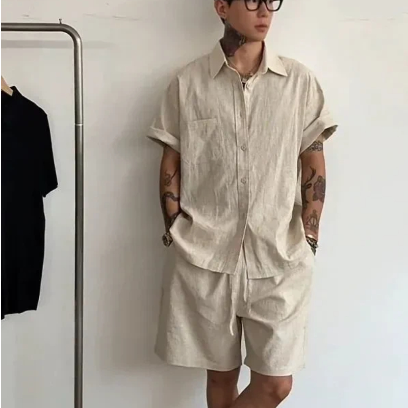 Linen Shirt Breathable - メンズリネンコットン2ピースセット、ゆったりとした半袖シャツとショートパンツ、夏向け通気性のあるオールドマネースタイルカジュアルウェア
