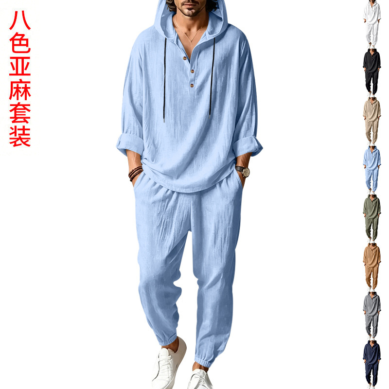 Short Linen Drawstring - メンズサマーリネン2ピースセット、フード付きヘンリーショートスリーブ＆パンツ、ゆったりとした通気性のあるビーチラウンジウェア卸売