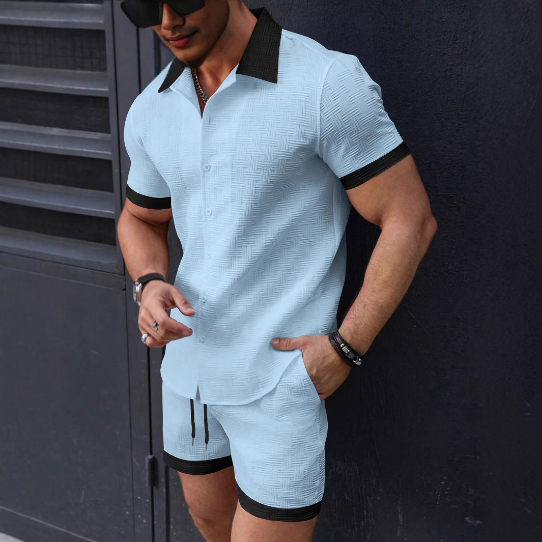 Short Linen Drawstring - メンズスーツセットアップ トレンド リネン半袖ジャカードシャツ＆ショーツ2点セット ハワイビーチメンズカジュアルセット 2ピースセット