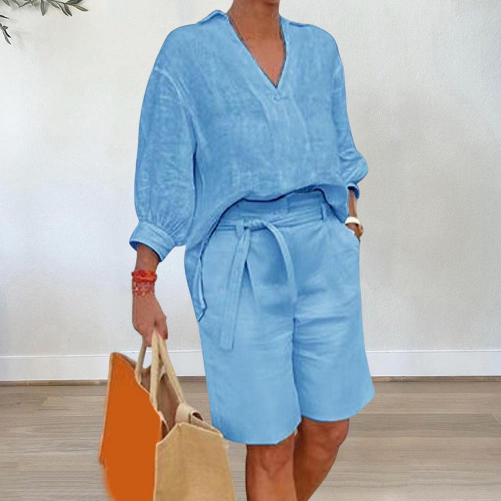 Linen Shirt Breathable - コットンリネン レディース ツーピースセット カジュアル Vネック 半袖