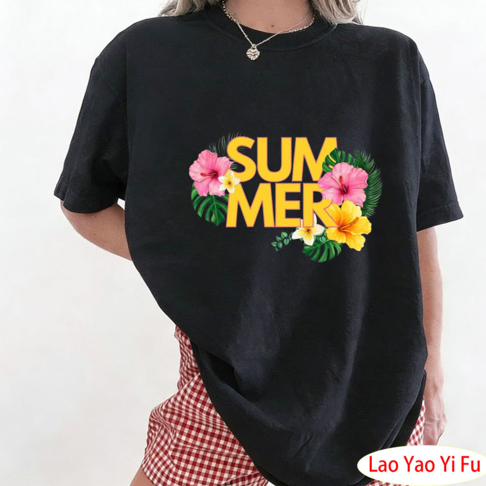 Resort Shirt Floral - 夏のトロピカルフローラルTシャツカラフルな花柄Tシャツ女性レタリングプリントトップスファッショナブルなホリデーリゾート服