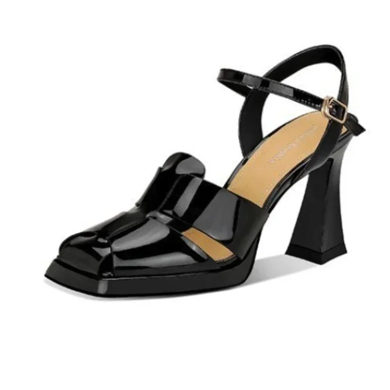 Casual Sandal Leather - 女性のハイヒールサンダルファッションパテントレザーローマンサンダルセクシーな中空ハイヒール女性デザイナーシューズ Zapatos Mujer