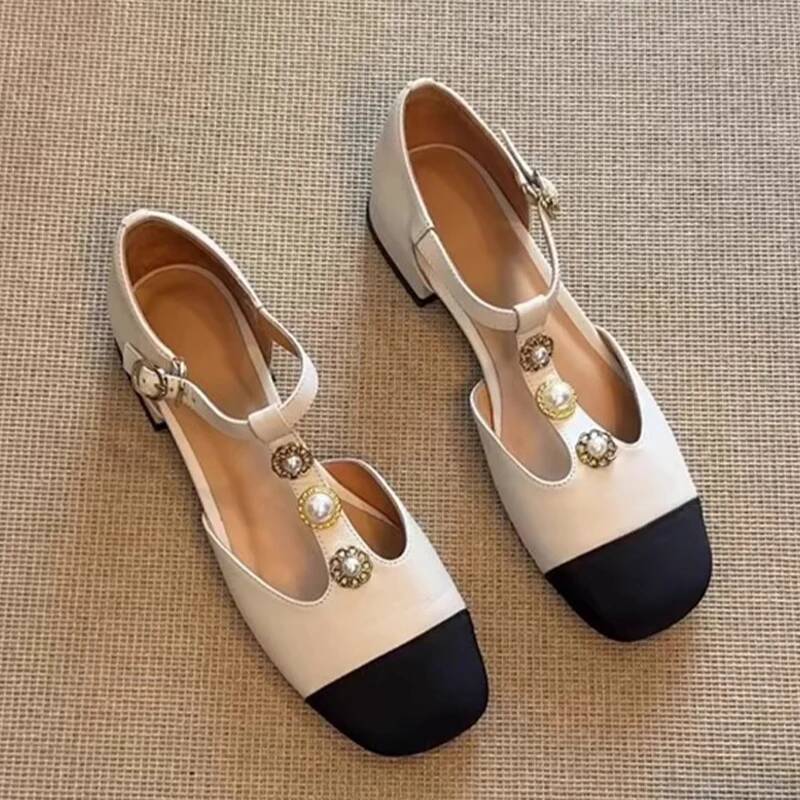 Casual Sandal Leather - 女性スクエアトゥヒールサンダル夏の靴ファッション新人デザイナー女性トレンドバックルパーティーシューズパンプス Zapatillas De Mujer