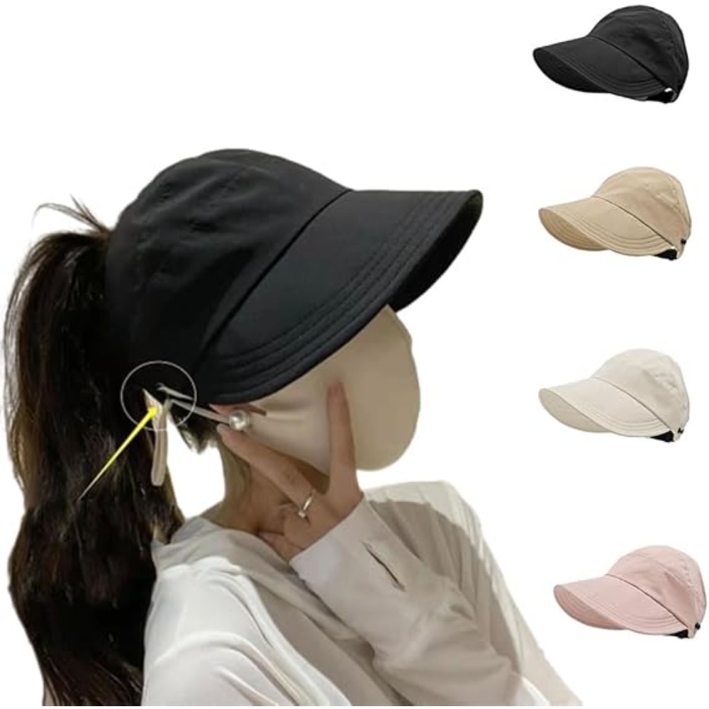 Packable Hat Nylon - 女性用サンハット、つば広UVカット、中空トップサンハット、夏用ビーチパッカブルバイザー、マスクボタン付きフィッシャーマンキャップ