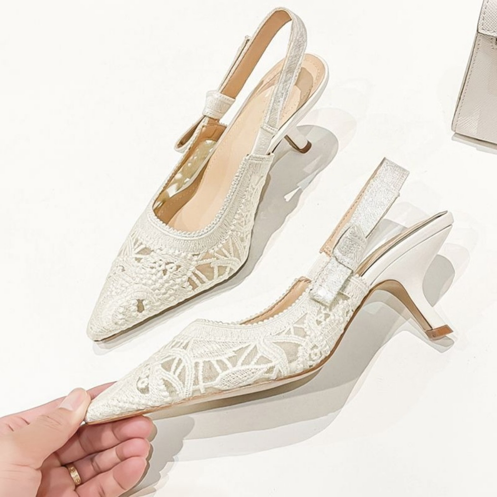 Casual Sandal Leather - 本革ハイヒールサンダル生地刺繍白サンダル女性 2026 セクシーな結婚式の靴パーティーシングルシューズ