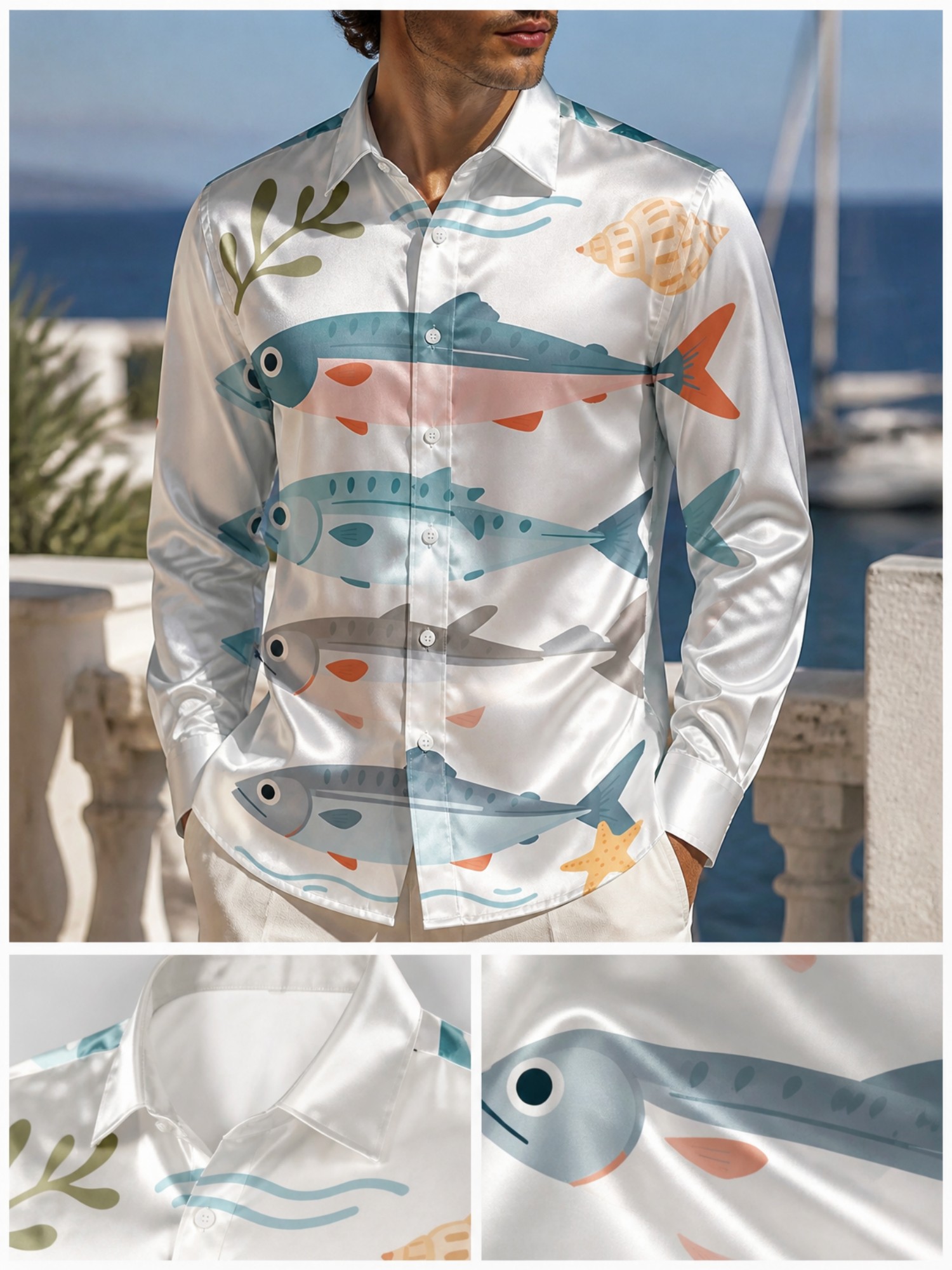Resort Shirt Floral - メンズ高級サテン長袖襟付きシャツ ソフトで光沢のあるドレスシャツ 軽量 パーティー オフィス ビーチ