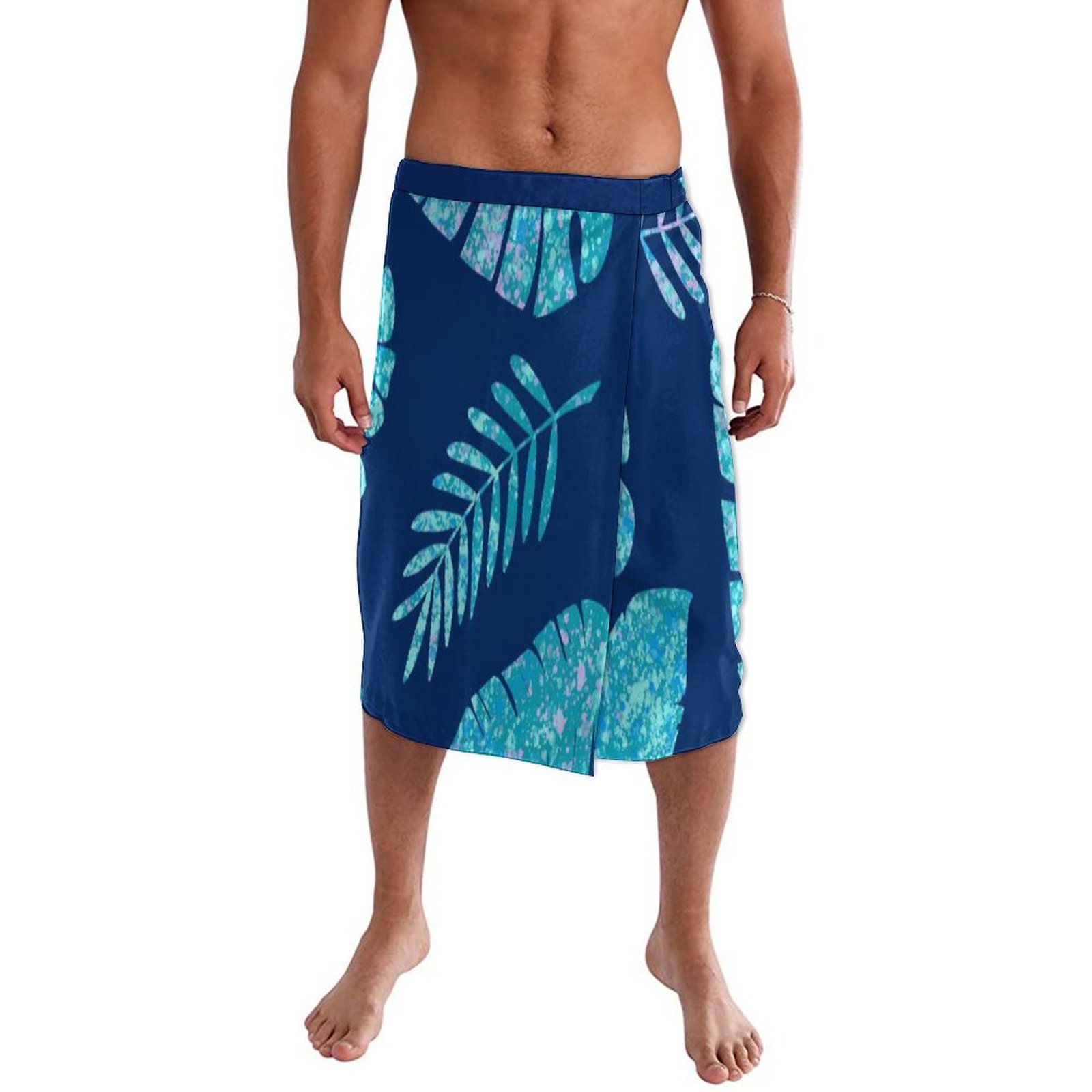Sarong Men Wrap - ブルーの花柄ポリネシアンビーチラップドレス、ハワイ諸島用ラバラバ、イエ・ファイタガ、メンズハーフ丈ドレス、カスタムメイド