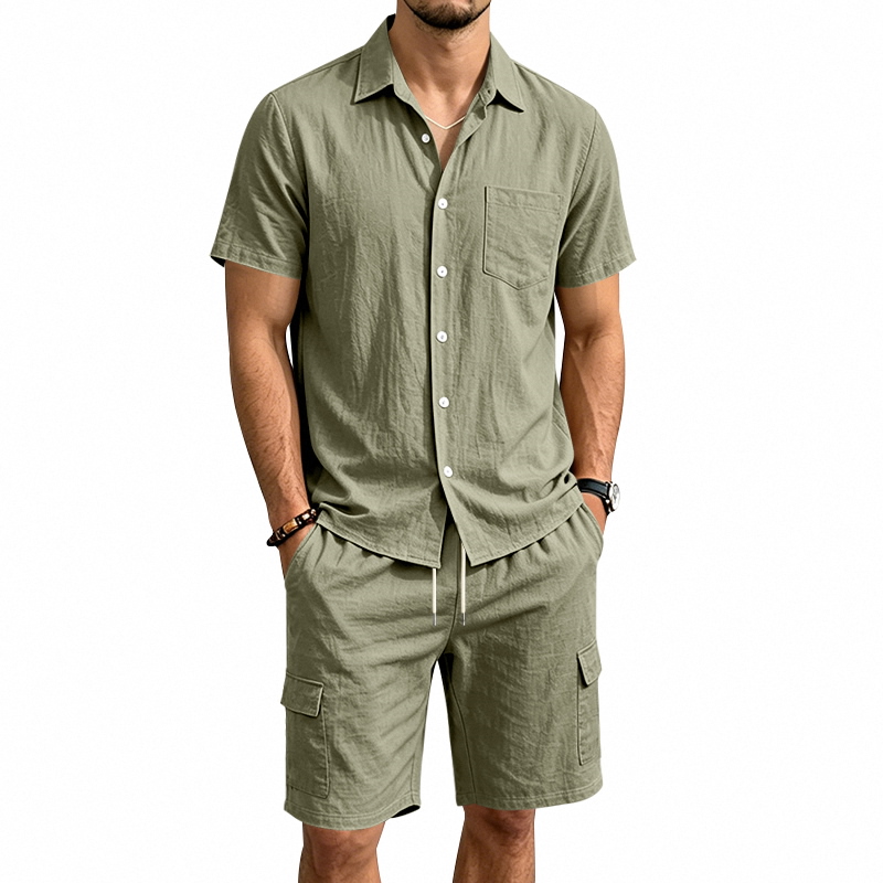Linen Shirt Breathable - メンズ夏アメリカンリネンツーピースセット半袖シャツドローストリングカーゴショーツルーズカジュアルアウトドア通勤休暇衣装