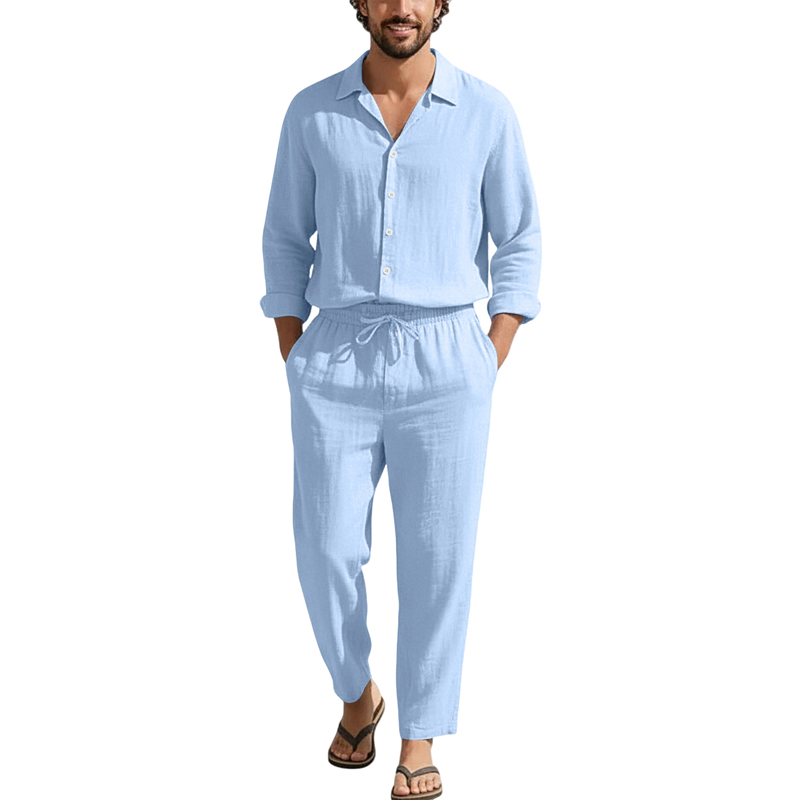 Linen Shirt Breathable - 春夏リネンカジュアルセットゆったりビーチ長袖シャツ+ロングパンツ無地通気性ターンダウンカラーファッションセット