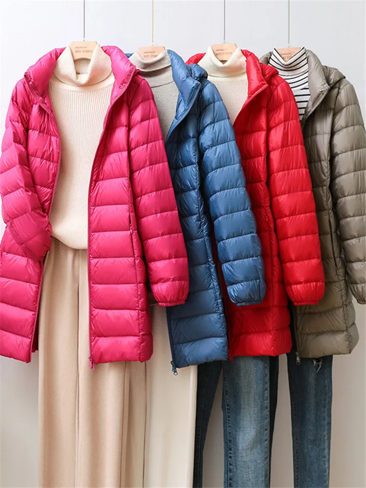 Packable Hat Nylon - ジャケット-女性用の長くて快適なコート,冬用の軽量ジャケット,取り外し可能なフード,女性用のふわふわのポータブルコート