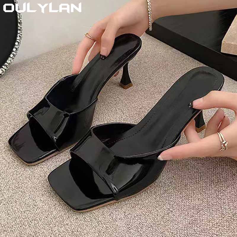Casual Sandal Leather - 女性の夏の女性のスリッパラッカーレザーハイヒールサンダルプラスサイズ 41 42 スクエアトゥスリムヒール特大