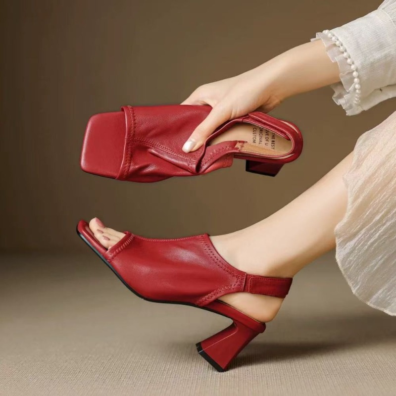 Casual Sandal Leather - フランス風超ソフトレザー スクエアトゥ ローマンオープントゥサンダル レディース 2026年新作 気質ハイヒール