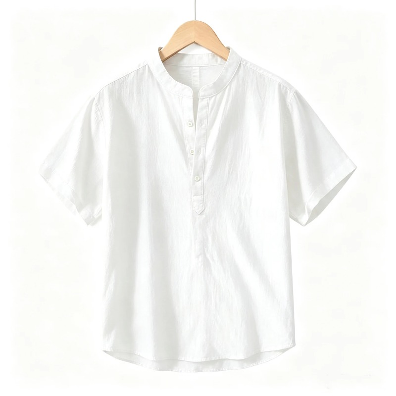 夏メンズ半袖シャツ無地スタンドカラーオーバーサイズTシャツ通 - Linen Shirt Breathable のレビューと価格