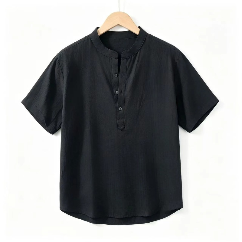 夏メンズ半袖シャツ無地スタンドカラーオーバーサイズTシャツ通 - Linen Shirt Breathable のレビューと価格
