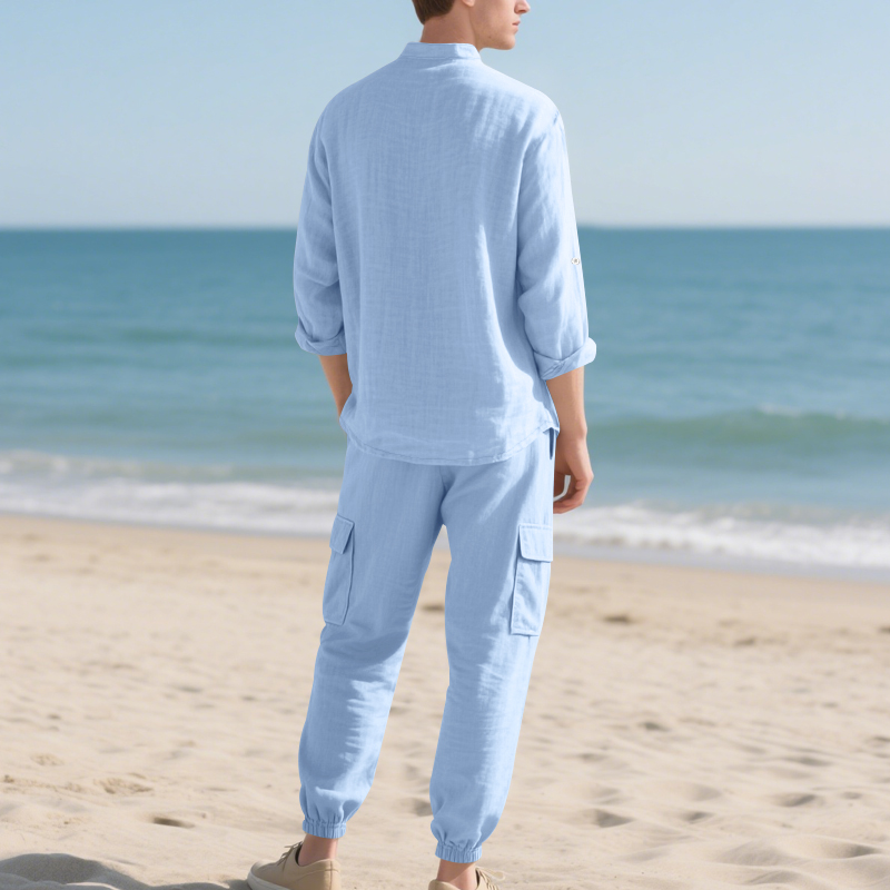 メンズリネン通気性ツーピースセット、スタンドカラー長袖シャツ - Linen Shirt Breathable のレビューと価格