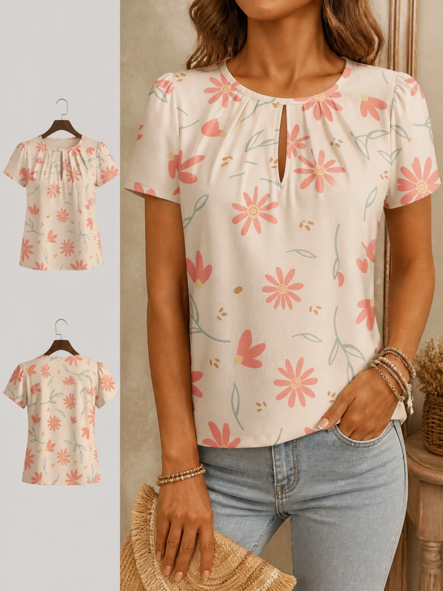 2026 新しいレディースラウンドネックエレガントTシャツ、 - Resort Shirt Floral のレビューと価格