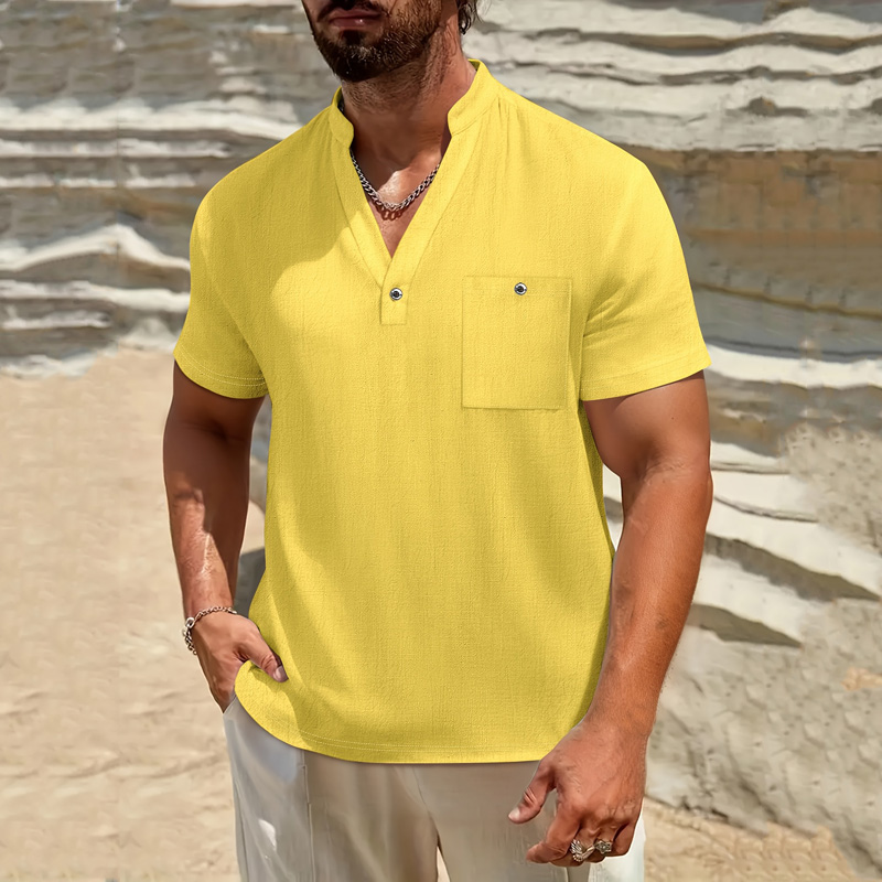 メンズコットンリネンヘンリーシャツ半袖バンドカラーボタン胸ポ - Linen Shirt Breathable のレビューと価格