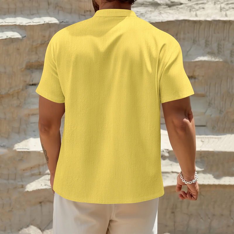 メンズコットンリネンヘンリーシャツ半袖バンドカラーボタン胸ポ - Linen Shirt Breathable のレビューと価格