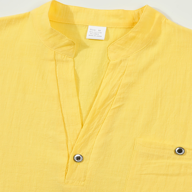 メンズコットンリネンヘンリーシャツ半袖バンドカラーボタン胸ポ - Linen Shirt Breathable のレビューと価格