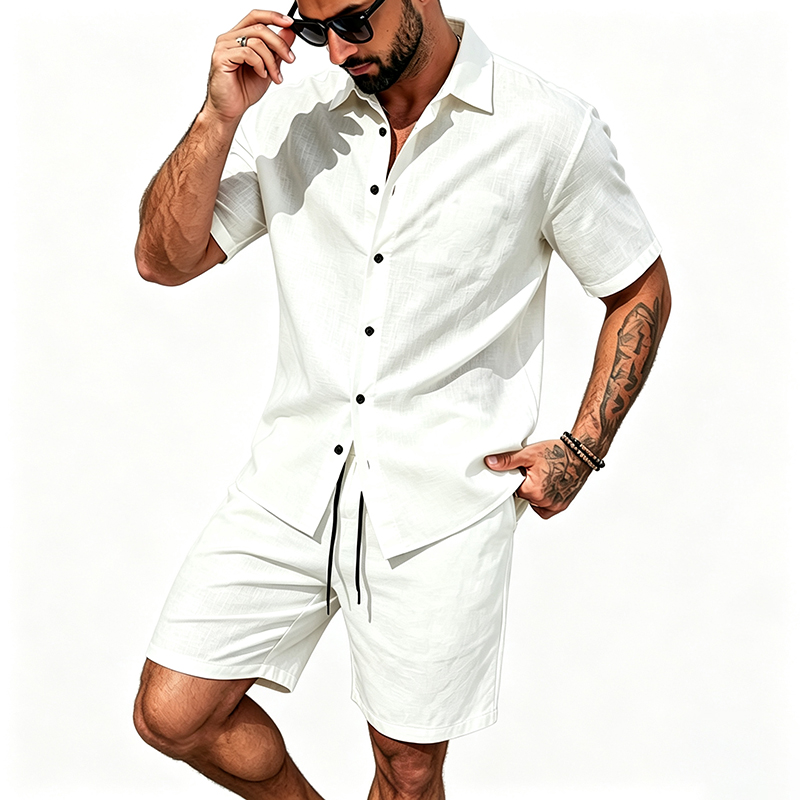 男性リネンツーピース衣装半袖ラペルボタンシャツ弾性ドロースト - Linen Shirt Breathable のレビューと価格