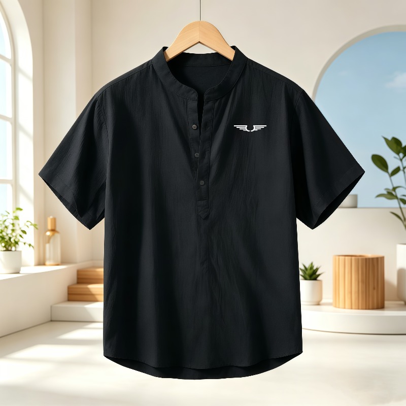 メンズ綿麻ヘンリーカラー半袖シャツ、柄プリント入り通気性カジ - Linen Shirt Breathable のレビューと価格