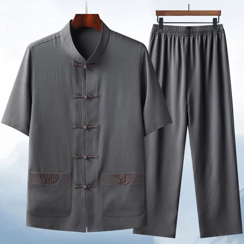 メンズ半袖コットンリネンスーツ,快適で通気性のある服,カジュ - Short Linen Drawstring のレビューと価格