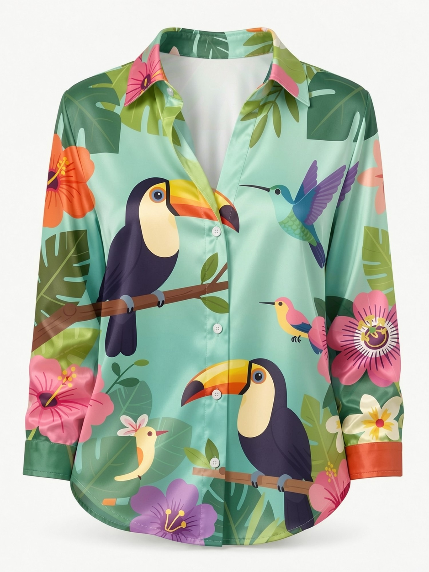 ミントトゥーカンサテンボタンシャツ女性用トロピカルバードハミ - Resort Shirt Floral のレビューと価格