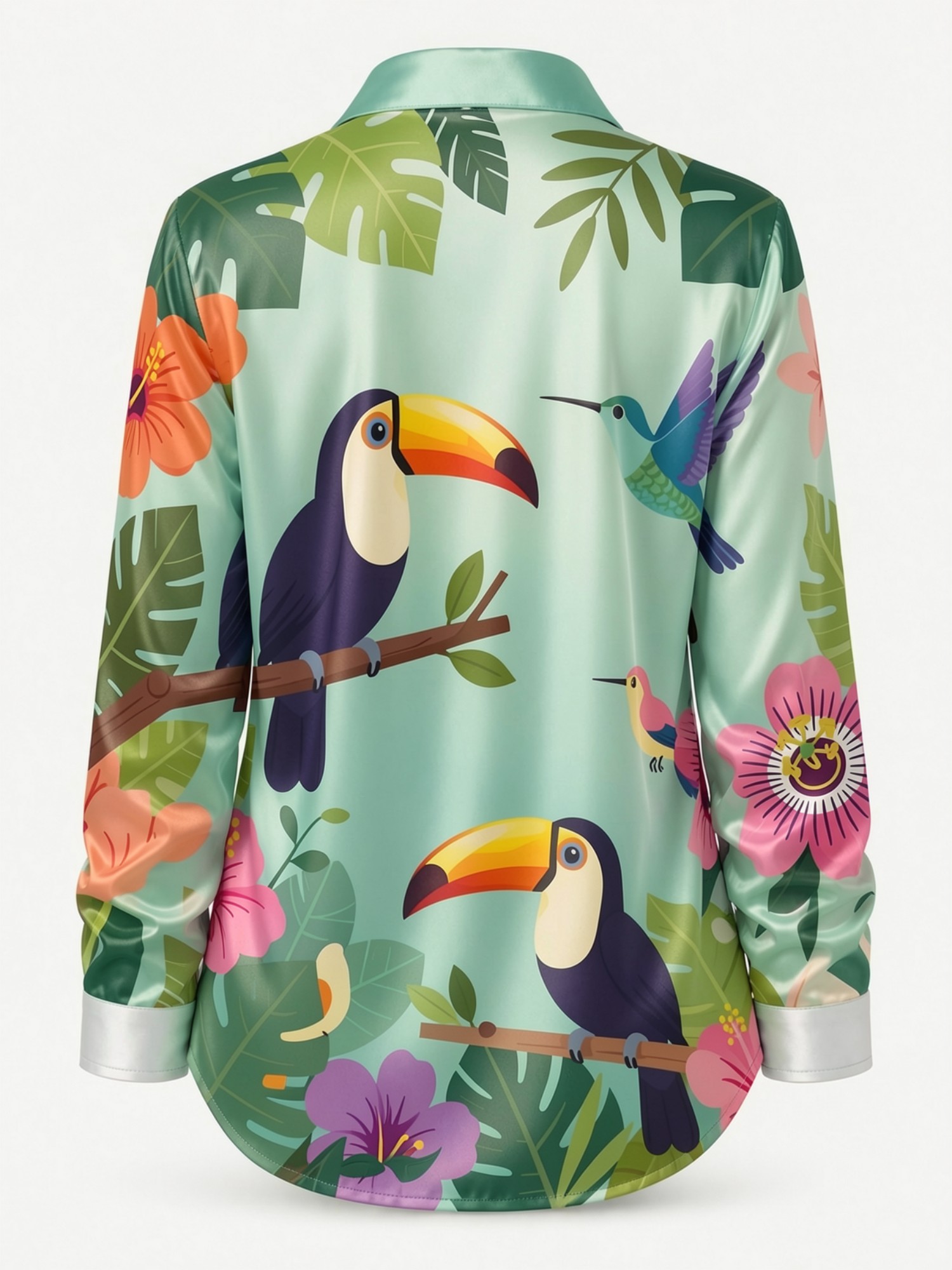 ミントトゥーカンサテンボタンシャツ女性用トロピカルバードハミ - Resort Shirt Floral のレビューと価格