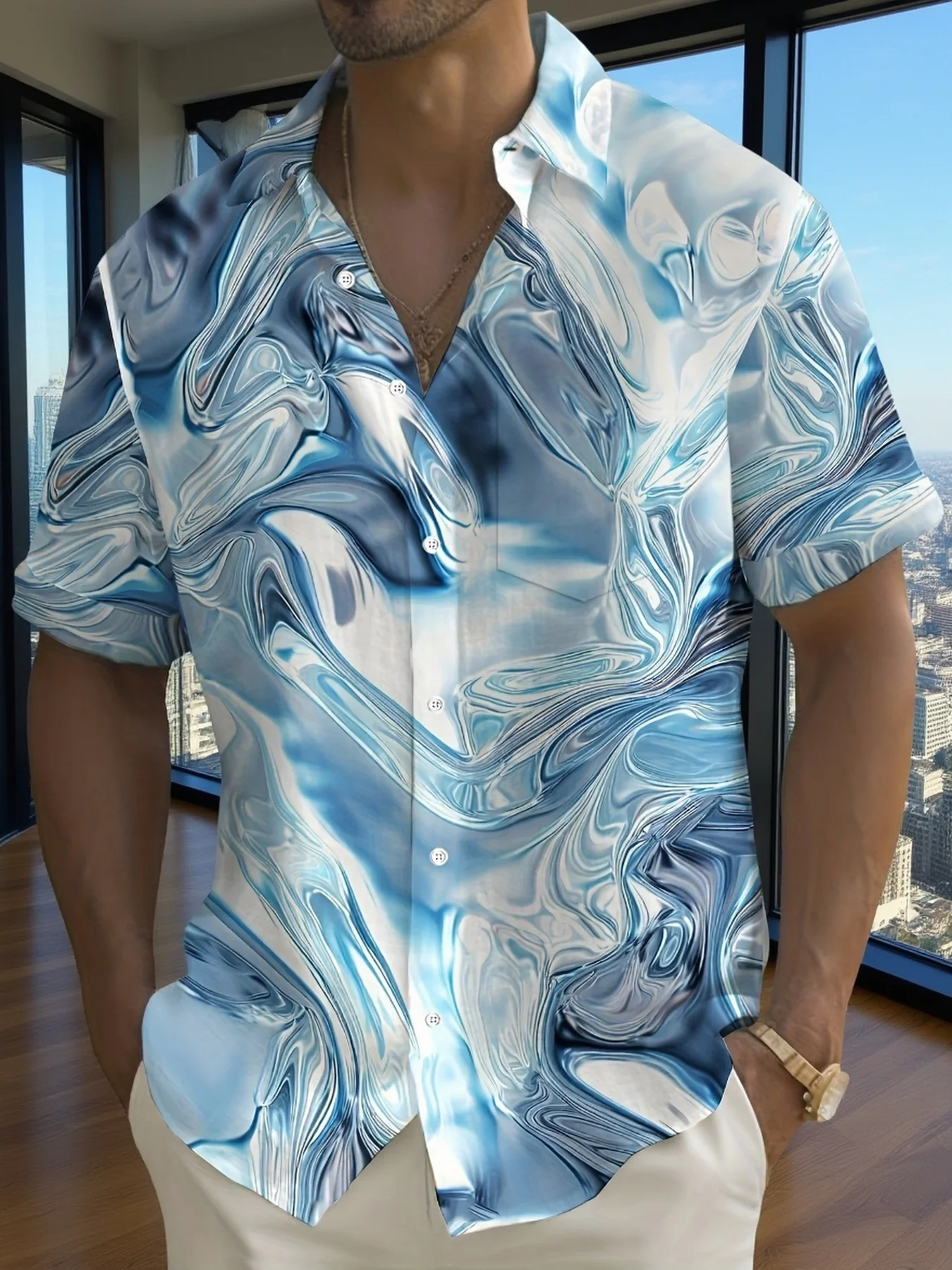 ミニマルインクテクスチャラペルリゾートシャツ、多目的着用可能 - Resort Shirt Floral のレビューと価格