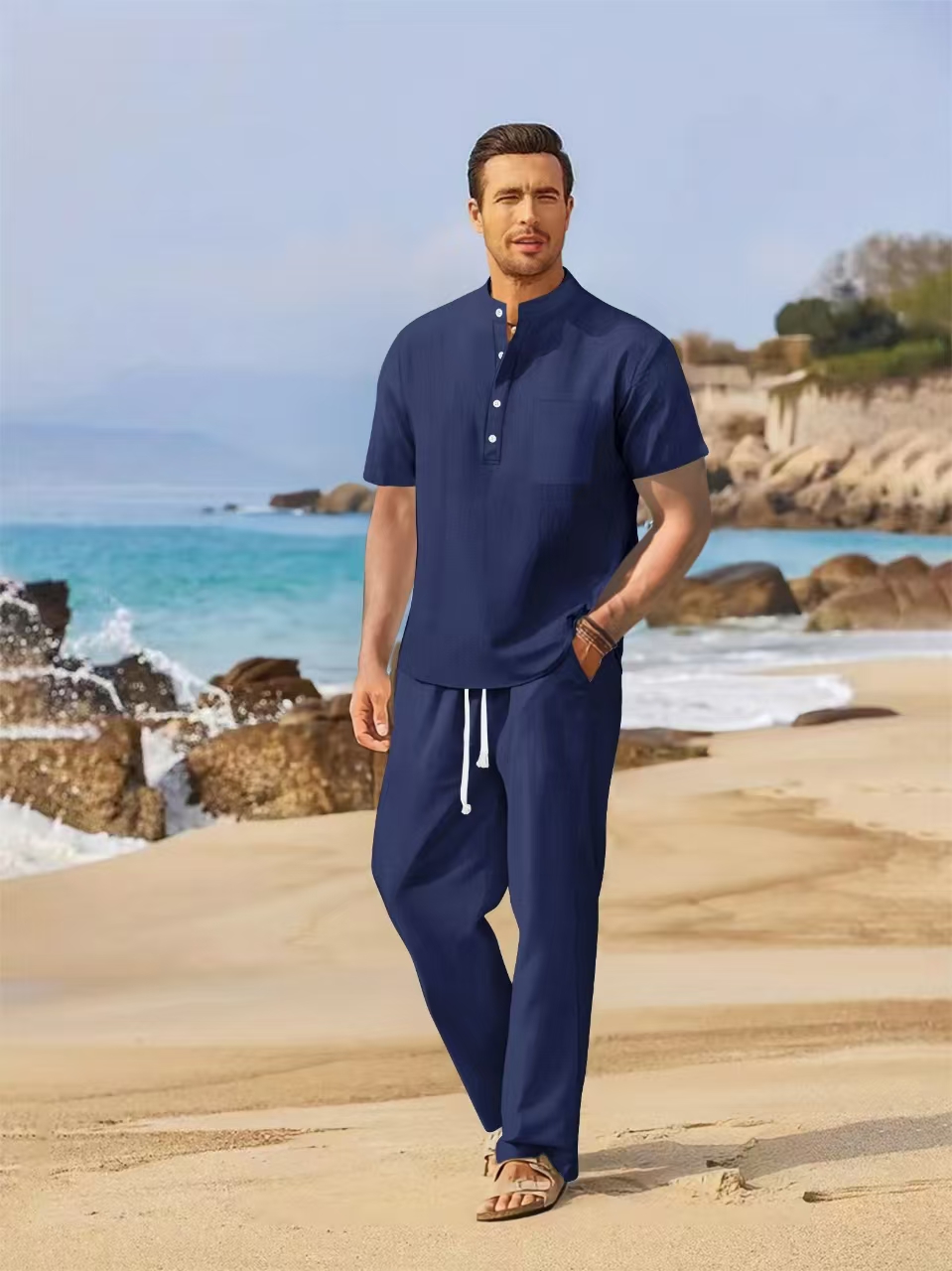 夏のメンズ綿麻セットアップ カジュアルヘンリーシャツ半袖＋ル - Short Linen Drawstring のレビューと価格