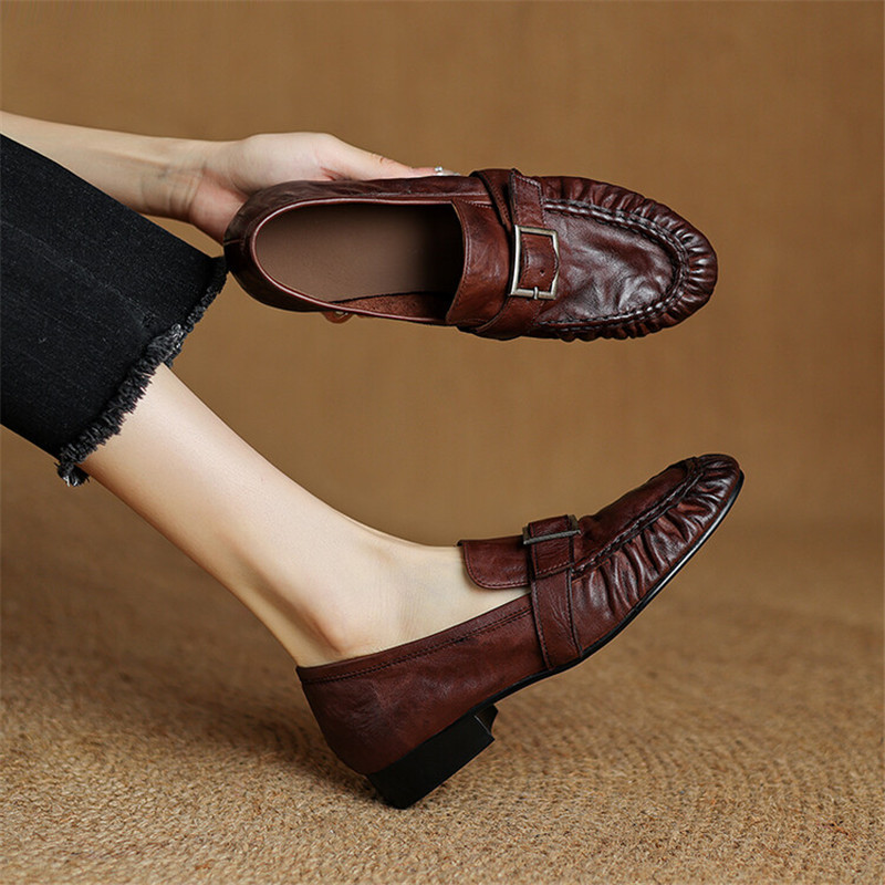 女性用本革モカシン,丸いつま先の靴,プリーツパンプス,厚手の - Casual Sandal Leather のレビューと価格