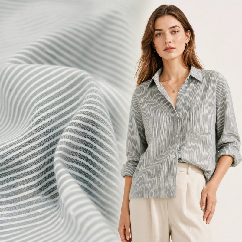 和風のグレーホワイトの細ストライプの通気性のある綿麻生地。テ - Linen Shirt Breathable のレビューと価格