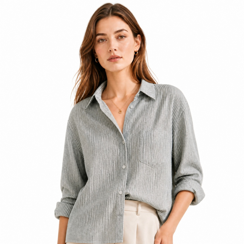 和風のグレーホワイトの細ストライプの通気性のある綿麻生地。テ - Linen Shirt Breathable のレビューと価格