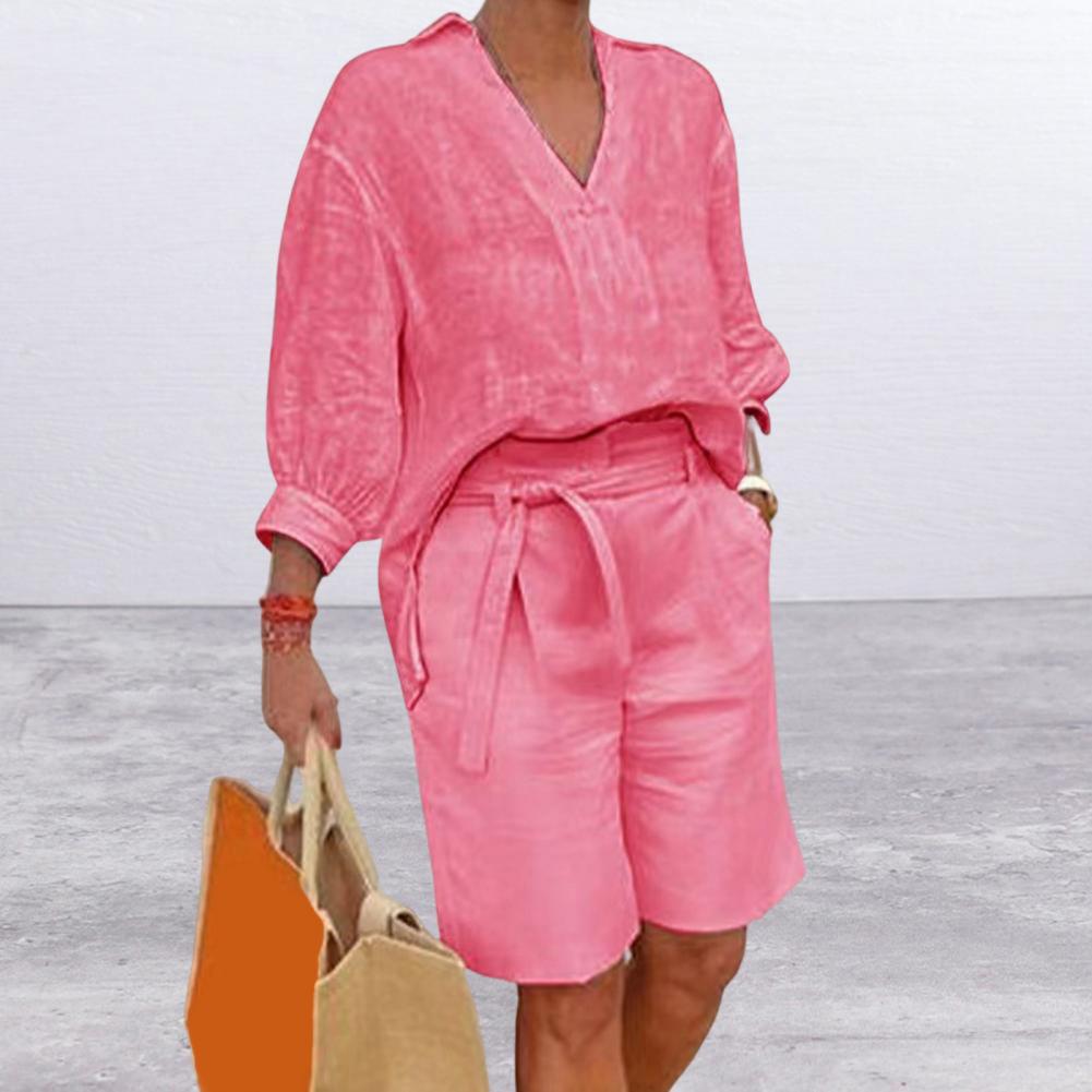 コットンリネン レディース ツーピースセット カジュアル V - Linen Shirt Breathable のレビューと価格