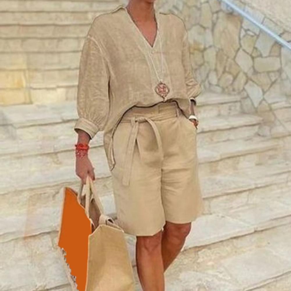 コットンリネン レディース ツーピースセット カジュアル V - Linen Shirt Breathable のレビューと価格
