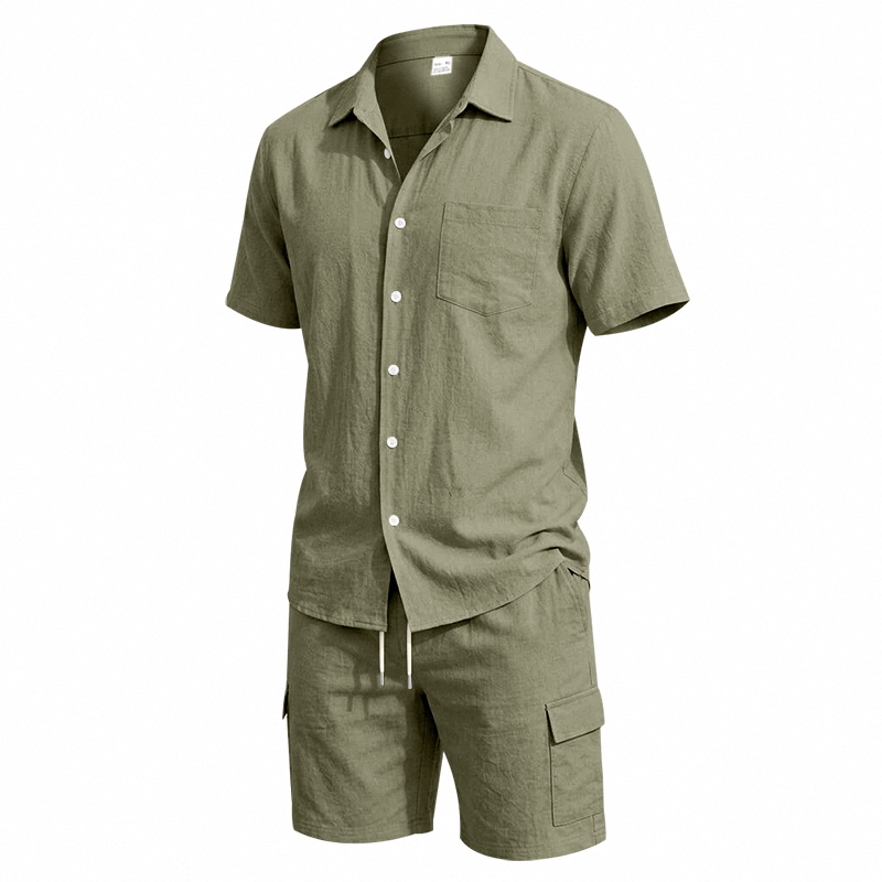 メンズ夏アメリカンリネンツーピースセット半袖シャツドロースト - Linen Shirt Breathable のレビューと価格