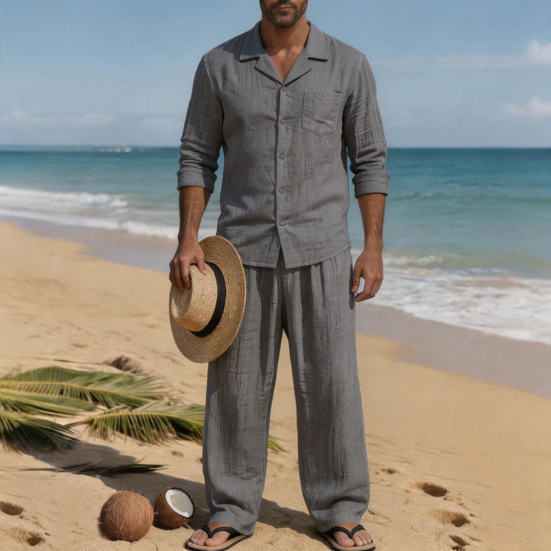 リネン メンズ カジュアル ルーズ 通気性 長袖 パンツ シ - Linen Shirt Breathable のレビューと価格