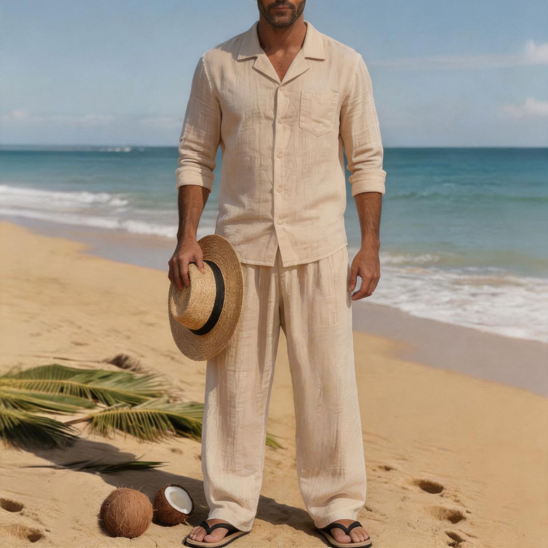 リネン メンズ カジュアル ルーズ 通気性 長袖 パンツ シ - Linen Shirt Breathable のレビューと価格