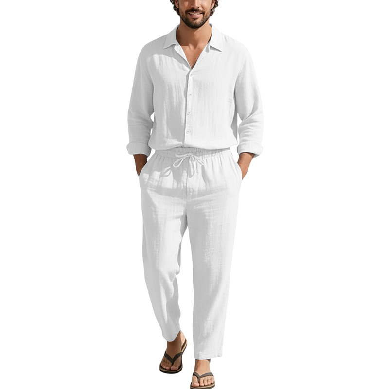 春夏リネンカジュアルセットゆったりビーチ長袖シャツ+ロングパ - Linen Shirt Breathable のレビューと価格